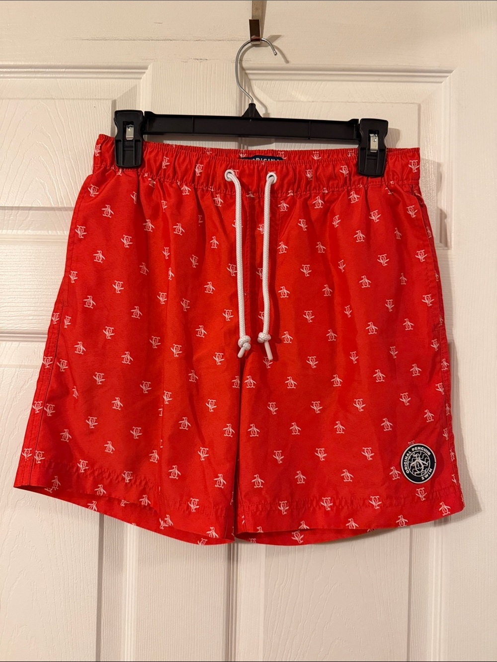 Men's Red Penguin Swim Shorts with Drawstring